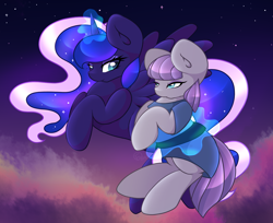 Size: 1226x1000 | Tagged: safe, artist:xelectrobeats, maud pie, princess luna, alicorn, pony, cloud, cloudy, cute, flying, levitation, magic, night, stars, telekinesis