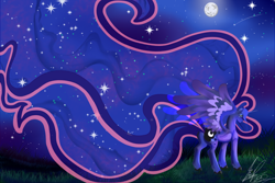 Size: 1280x853 | Tagged: safe, artist:wispywinterwind, princess luna, alicorn, pony, comet, impossibly long mane, long mane, moon, night, solo, stars, surreal