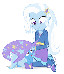 Size: 750x870 | Tagged: safe, artist:dm29, derpibooru import, trixie, equestria girls, cute, diatrixes, duality, duo, filly, hat, highrollerhydra started the murders, human ponidox, julian yeo is trying to murder us, pony pet, simple background, transparent background