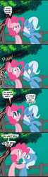 Size: 1928x7047 | Tagged: safe, artist:fauxsquared, derpibooru import, pinkie pie, trixie, earth pony, pony, unicorn, :o, bipedal, bloodshot eyes, blue background, comic, confetti, confused, dialogue, eye contact, fart, farting confetti, female, fence, floppy ears, frown, glare, grin, leaning, lidded eyes, looking at each other, looking at you, mare, open mouth, raised eyebrow, shocked, sideways glance, simple background, smiling, smirk, speech bubble, squee, surprised, sweat, sweatdrop, tree, wat, wide eyes, worried