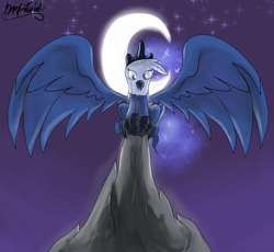 Size: 2500x2300 | Tagged: safe, artist:manfartwish, princess luna, griffon, behaving like a bird, birds doing bird things, griffonized, looking at you, looking down, moon, night, perch, sitting, solo, sparkles, species swap, spread wings