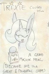 Size: 700x1053 | Tagged: safe, artist:slightlyshade, derpibooru import, trixie, pony, unicorn, cinnamon nuts, food, impossibly large ears, solo, traditional art