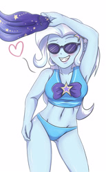 Size: 2728x4417 | Tagged: safe, artist:sumin6301, derpibooru import, trixie, equestria girls, equestria girls series, forgotten friendship, adorasexy, armpits, belly button, bikini, bikini bottom, breasts, cleavage, clothes, cute, diatrixes, female, heart, sarong, sexy, simple background, smiling, solo, sunglasses, swimsuit, white background