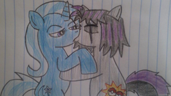 Size: 886x500 | Tagged: safe, artist:bronynel, derpibooru import, trixie, oc, oc:shooting star, canon x oc, kissing, shipping, traditional art