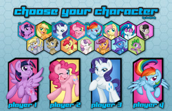 Size: 1024x663 | Tagged: safe, artist:abbystarling, derpibooru import, apple bloom, applejack, derpy hooves, dj pon-3, doctor whooves, fluttershy, octavia melody, pinkie pie, rainbow dash, rarity, scootaloo, spike, sweetie belle, trixie, twilight sparkle, twilight sparkle (alicorn), vinyl scratch, alicorn, dragon, earth pony, pegasus, pony, unicorn, fighting is magic, character select, cutie mark crusaders, female, mane seven, mane six, mare