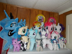 Size: 4608x3456 | Tagged: safe, dj pon-3, fluttershy, octavia melody, pinkie pie, princess luna, rainbow dash, rarity, sweetie belle, trixie, twilight sparkle, vinyl scratch, oc, oc:milky way, earth pony, pony, build-a-bear, female, irl, mare, photo, plushie, toy