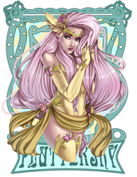 Size: 800x1035 | Tagged: safe, artist:raspbearyart, fluttershy, human, abstract background, armlet, bracelet, circlet, clothes, evening gloves, feather in hair, female, flower, flower in hair, frown, gloves, humanized, jewelry, lipstick, long gloves, looking at you, shy, socks, solo, superhero, thigh highs