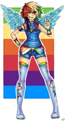 Size: 738x1376 | Tagged: safe, artist:ron-nie, rainbow dash, human, 2010s, 2012, abstract background, ambiguous race, boots, clothes, confident, denim shorts, devil horn (gesture), female, hand on hip, humanized, multicolored hair, one eye closed, rainbow hair, shorts, smiling, smirk, solo, tanktop, thigh boots, thigh highs, tomboy, winged humanization, wings, wink