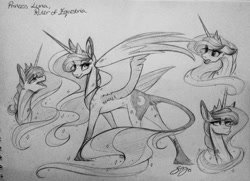 Size: 1280x929 | Tagged: safe, artist:probablyfakeblonde, princess luna, alicorn, classical unicorn, pony, ear fluff, leonine tail, monochrome, solo, traditional art