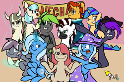 Size: 3000x2000 | Tagged: safe, artist:bennimarru, derpibooru import, coco pommel, sunburst, trixie, oc, oc:best practice, oc:donut steel, oc:genryu, oc:jamesnotabot, oc:niteax, oc:potluck, oc:tvælåt, oc:wicker basket, zebra, banner, cape, clothes, discord (program), fireworks, glasses, hat, headphones, lidded eyes, manechat, open mouth, pose, robe, rocket, smiling, sunburst's glasses, sunburst's robe, trixie's cape, trixie's hat, ultra instinct, vein bulge, zebra oc