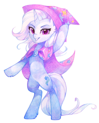 Size: 1308x1626 | Tagged: safe, artist:lispp, derpibooru import, trixie, pony, cape, clothes, colored pencil drawing, female, hat, looking at you, mare, simple background, smiling, solo, traditional art, trixie's cape, trixie's hat, white background