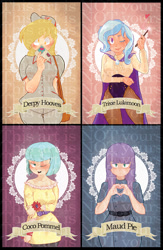 Size: 588x903 | Tagged: safe, artist:sitting-on-tear, derpibooru import, coco pommel, derpy hooves, maud pie, trixie, human, belt, blushing, clothes, humanized, leotard, letter, magician outfit, old banner, portrait, uniform, wand, watermark