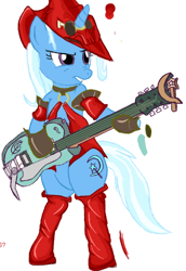 Size: 362x525 | Tagged: safe, artist:woox, derpibooru import, trixie, pony, bipedal, clothes, crossover, flockmod, guilty gear, guitar, hat, i-no, solo, wizard hat