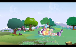 Size: 960x600 | Tagged: safe, derpibooru import, screencap, applejack, fluttershy, pinkie pie, rainbow dash, rarity, spike, twilight sparkle, dragon, earth pony, pegasus, pony, unicorn, a canterlot wedding, mane seven, youtube caption