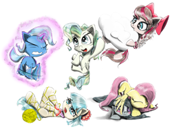 Size: 2412x1800 | Tagged: safe, artist:chopsticks, derpibooru import, angel wings, coco pommel, fluttershy, marble pie, trixie, vapor trail, earth pony, pegasus, pony, unicorn, blushing, bracelet, cheek fluff, chest fluff, cloud, cocobetes, cute, despair, diatrixes, diawinges, ear fluff, entangled, flapping, flying, gritted teeth, hiding, hnnng, jewelry, levitation, magic, marblebetes, nom, open mouth, sad, shyabetes, simple background, sleeping, smiling, tangled up, telekinesis, the council of shy ponies, trying too hard, vaporbetes, weapons-grade cute, wip, yarn, yarn ball
