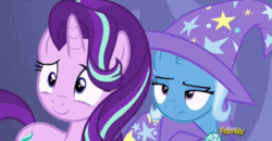 Size: 540x280 | Tagged: safe, derpibooru import, screencap, starlight glimmer, trixie, pony, unicorn, celestial advice, animated, annoyed, cape, clothes, discovery family logo, eyeroll, gif, giggling, hat, laughing, lip bite, magician, magician outfit, nervous, trixie's cape, trixie's hat, unamused