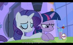 Size: 960x600 | Tagged: safe, derpibooru import, screencap, rarity, twilight sparkle, pony, unicorn, a canterlot wedding, youtube caption