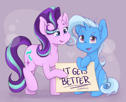 Size: 1024x829 | Tagged: safe, artist:midnightpremiere, derpibooru import, starlight glimmer, trixie, pony, unicorn, cute, diatrixes, duo, female, glimmerbetes, it gets better, looking at you, mare, positive ponies, sign, sweet dreams fuel