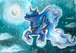 Size: 862x605 | Tagged: safe, artist:nightrosi, princess luna, alicorn, pony, eyes closed, flying, magic, moonrise, solo, traditional art