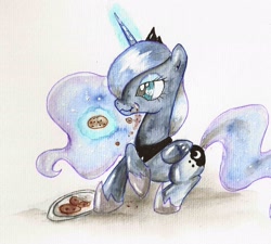 Size: 2109x1895 | Tagged: safe, artist:nightrosi, princess luna, alicorn, pony, cookie, crumbs, magic, prone, solo, telekinesis, traditional art