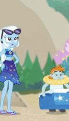 Size: 480x831 | Tagged: safe, derpibooru import, screencap, snails, snips, trixie, equestria girls, equestria girls series, forgotten friendship, animated, beach, belly button, cropped, feet, flip-flops, gif, midriff, sandals, sarong, sexy, sunglasses