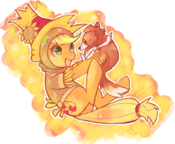 Size: 1522x1247 | Tagged: dead source, safe, artist:suikuzu, applejack, winona, earth pony, pony, adobe imageready, costume, cute, female, holding, mare, open mouth, scarecrow, simple background, transparent background