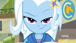 Size: 1366x768 | Tagged: safe, derpibooru import, screencap, trixie, better together, equestria girls, forgotten friendship, book, canterlot high, evil grin, smiling, smirk, smug