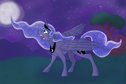 Size: 1025x688 | Tagged: safe, artist:peaceroxi, princess luna, alicorn, pony, moon, night, solo, spread wings, stars