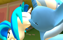 Size: 1600x1024 | Tagged: safe, artist:viranimation, derpibooru import, dj pon-3, trixie, vinyl scratch, pony, unicorn, 3d, dj lulamoon, female, kissing, lesbian, shipping, source filmmaker