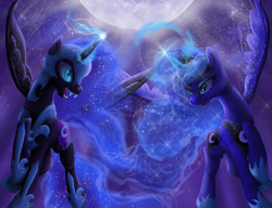 Size: 1024x788 | Tagged: safe, artist:dangerblaze, nightmare moon, princess luna, alicorn, pony, duality, flying, moon