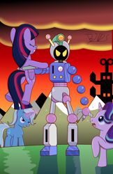 Size: 1293x2000 | Tagged: safe, artist:trackheadtherobopony, derpibooru import, starlight glimmer, trixie, twilight sparkle, twilight sparkle (alicorn), alicorn, pony, robot, unicorn, boss battle, captured, castle, claw, crossover, dynamite headdy, glowing horn, signature