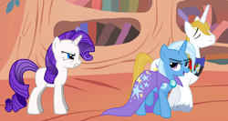 Size: 742x394 | Tagged: safe, artist:kittyjewelpet78, derpibooru import, edit, prince blueblood, rarity, trixie, pony, unicorn, pony creator, bluetrix, cropped, female, golden oaks library, jealous, male, romantic jealousy, shipping, straight