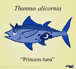 Size: 900x810 | Tagged: safe, artist:greenlinzerd, princess luna, fish, fishified, not salmon, princess tuna, pun, simple background, solo, species swap, tuna, wat, wtf, yellow background