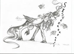 Size: 1024x745 | Tagged: safe, artist:alexacana, princess luna, alicorn, classical unicorn, pony, clothes, coffee mug, cup, grayscale, hoodie, leonine tail, magic, monochrome, morning ponies, solo, telekinesis, traditional art, unshorn fetlocks