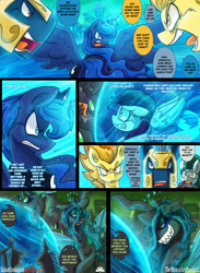 Size: 2376x3240 | Tagged: safe, artist:dracojayproduct, princess luna, queen chrysalis, spitfire, oc, oc:pierson, oc:willow, alicorn, changeling, changeling queen, pony, comic:lunar isolation, comic, dark magic, grin, magic, nom, smiling, sombra eyes