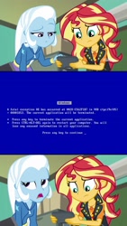 Size: 2048x3644 | Tagged: safe, derpibooru import, edit, screencap, sunset shimmer, trixie, better together, equestria girls, forgotten friendship, blue screen of death, exploitable meme, meme, sunset's recording