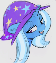 Size: 810x901 | Tagged: safe, artist:tre, derpibooru import, trixie, pony, unicorn, bust, clothes, female, hat, looking at you, mare, simple background, smiling, solo, trixie's hat, white background