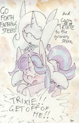 Size: 692x1070 | Tagged: safe, artist:slightlyshade, derpibooru import, starlight glimmer, trixie, pony, unicorn, dialogue, duo, duo female, eyes closed, female, mare, open mouth, ponies riding ponies, speech bubble, starlight is not amused, traditional art, unamused, underhoof, watercolor painting