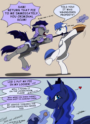 Size: 1700x2338 | Tagged: safe, artist:gasmaskfox, princess luna, bat pony, pony, comic, night guard, pie, ralph (royal guard), royal guard, sam (royal guard), sam and ralph