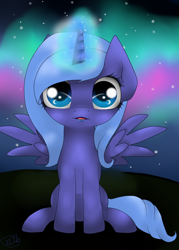 Size: 2000x2800 | Tagged: safe, artist:duddle-bug, princess luna, alicorn, pony, aurora borealis, cute, filly, looking at you, magic, sitting, solo, spread wings, woona