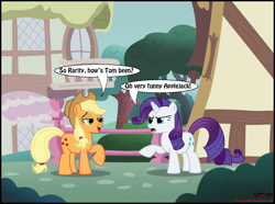 Size: 1764x1314 | Tagged: safe, artist:toxic-mario, applejack, rarity, tom, earth pony, pony, unicorn, applejack's hat, cowboy hat, duo, duo female, female, hat, mare, raised hoof