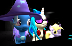 Size: 1600x1024 | Tagged: safe, artist:viranimation, derpibooru import, dinky hooves, dj pon-3, trixie, vinyl scratch, pony, unicorn, 3d, gmod, turntable