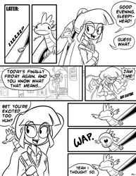 Size: 1280x1656 | Tagged: dead source, safe, artist:megasweet, derpibooru import, spike, twilight sparkle, lizard, black and white, canter girls, comic, dialogue, grayscale, humanized, monochrome, speech bubble, wap