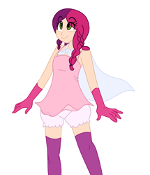 Size: 556x648 | Tagged: safe, artist:elslowmo, artist:jessy, oc, oc only, oc:marker pony, bloomers, cape, clothes, colored, gloves, humanized, socks, thigh highs, underwear, zettai ryouiki