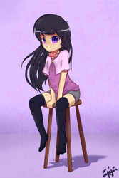 Size: 1000x1500 | Tagged: safe, artist:inkintime, octavia melody, anime, clothes, cute, humanized, little octavia, looking at you, moe, sitting, smiling, stool, thigh highs, younger