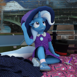 Size: 1750x1750 | Tagged: safe, artist:tahublade7, derpibooru import, trixie, anthro, plantigrade anthro, 3d, clothes, cute, daz studio, diatrixes, dress, female, filly, filly trixie, hat, panties, pony underwear, purple underwear, shoes, skirt, skirt lift, socks, solo, top hat, trixie's hat, underwear, upskirt, wand, younger