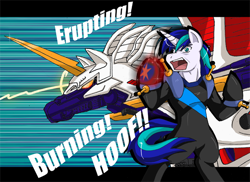 Size: 600x436 | Tagged: safe, artist:himanuts, shining armor, pony, unicorn, domon kasshu, g gundam, gundam, orudios, parody