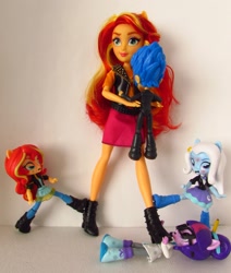 Size: 1500x1773 | Tagged: safe, artist:whatthehell!?, derpibooru import, flash sentry, sci-twi, sunset shimmer, trixie, twilight sparkle, equestria girls, boots, clothes, doll, dress, equestria girls minis, fight, irl, jacket, kicking, pair, pencil, photo, shoes, toy, tuxedo