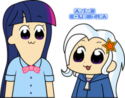 Size: 1484x1161 | Tagged: safe, artist:anime-equestria, derpibooru import, trixie, twilight sparkle, equestria girls, bowtie, clothes, duo, hoodie, human coloration, pop team epic, school uniform, simple background, transparent background, zipper