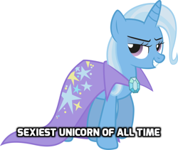 Size: 712x600 | Tagged: safe, derpibooru import, trixie, pony, unicorn, cape, caption, clothes, female, image macro, mare, meme, sexiest pony alive, simple background, solo, vector, white background